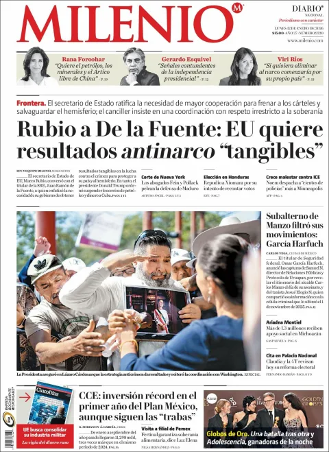 Portada de Milenio del lunes, 12 de enero de 2026