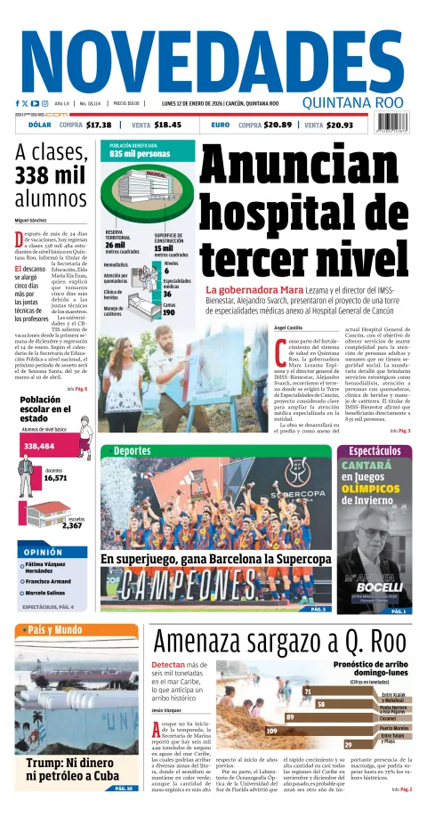 Portada de Novedades Quintana Roo del lunes, 12 de enero de 2026