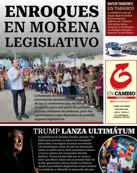Portada de En Cambio - Tabasco (contraportada) del lunes, 12 de enero de 2026