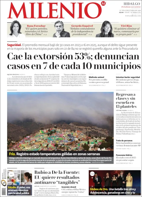 Portada de Milenio Hidalgo del lunes, 12 de enero de 2026