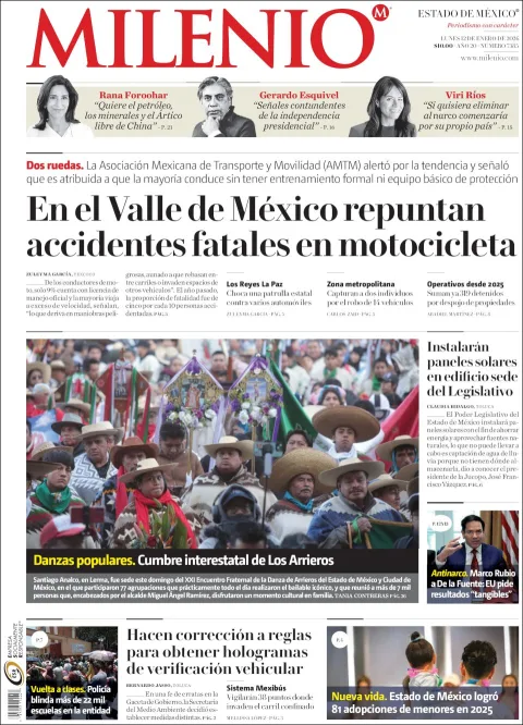 Portada de Milenio Edo de Mexico del lunes, 12 de enero de 2026