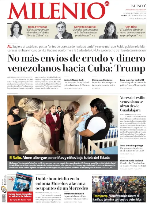 Portada de Milenio Jalisco del lunes, 12 de enero de 2026