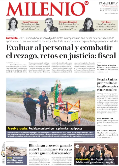 Portada de Milenio Tamaulipas del lunes, 12 de enero de 2026