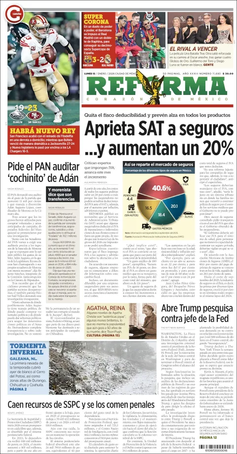 Portada de Reforma del lunes, 12 de enero de 2026