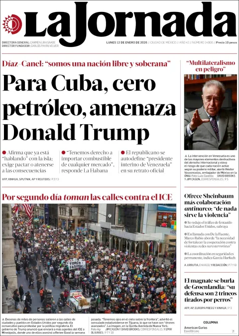 Portada de La Jornada del lunes, 12 de enero de 2026