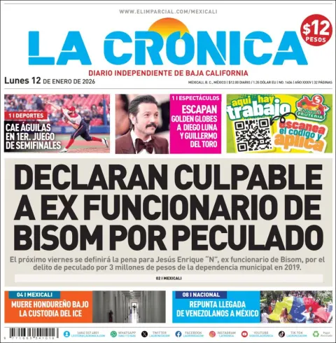 Portada de La Cronica del lunes, 12 de enero de 2026