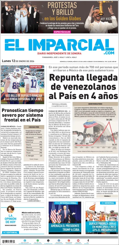 Portada de El Imparcial del lunes, 12 de enero de 2026