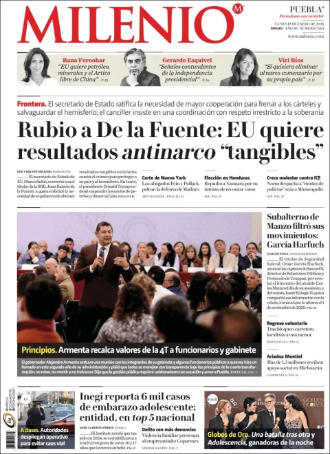 Portada de Milenio Puebla del lunes, 12 de enero de 2026