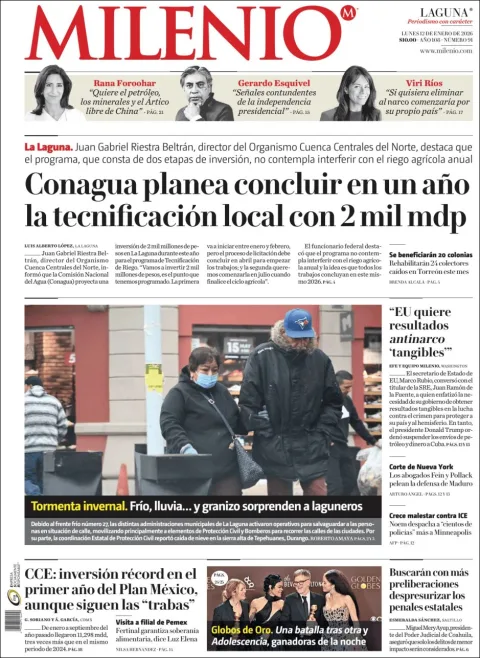 Portada de Milenio Laguna del lunes, 12 de enero de 2026