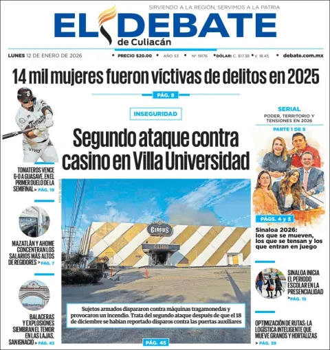 Portada de El Debate de Culiacan del lunes, 12 de enero de 2026