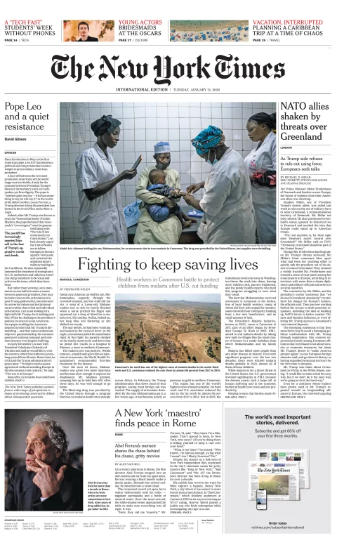 Portada de The New York Times (international) del martes, 13 de enero de 2026