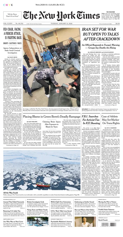 Portada de The New York Times (new York) del martes, 13 de enero de 2026