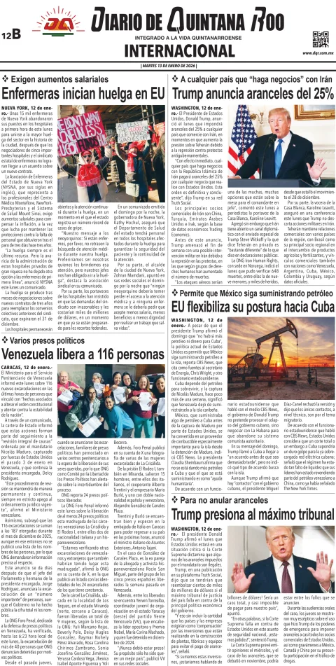 Portada de Diario de Quintana Roo (contra Portada) del martes, 13 de enero de 2026
