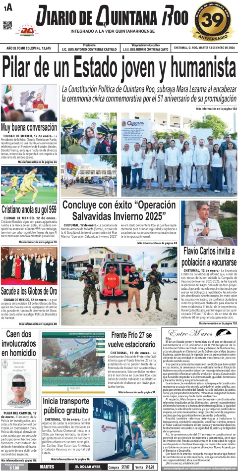 Portada de Diario de Quintana Roo (portada) del martes, 13 de enero de 2026