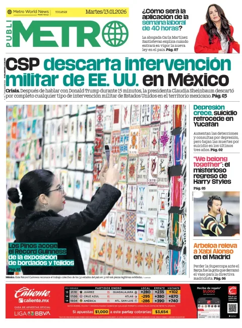 Portada de Publimetro Merida del martes, 13 de enero de 2026