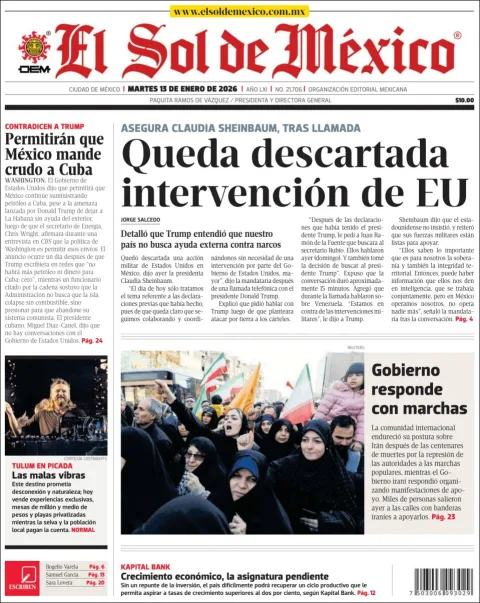Portada de El Sol de Mexico del martes, 13 de enero de 2026