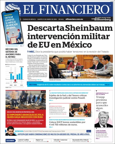 Portada de El Financiero del martes, 13 de enero de 2026