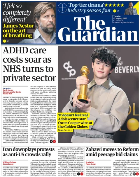 Portada de The Guardian (reino Unido) del martes, 13 de enero de 2026