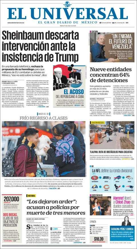 Portada de El Universal del martes, 13 de enero de 2026