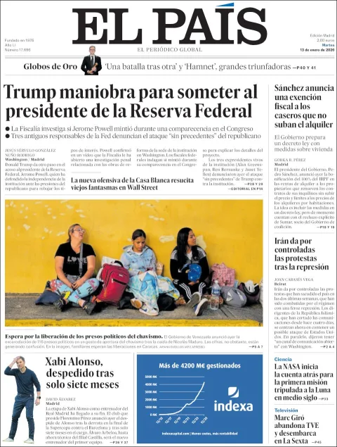 Portada de El Pais del martes, 13 de enero de 2026