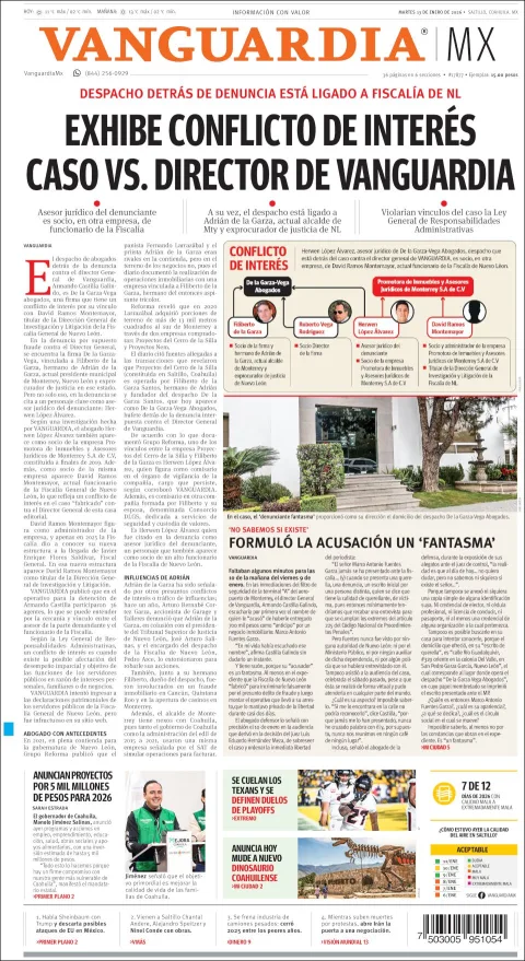 Portada de Vanguardia del martes, 13 de enero de 2026