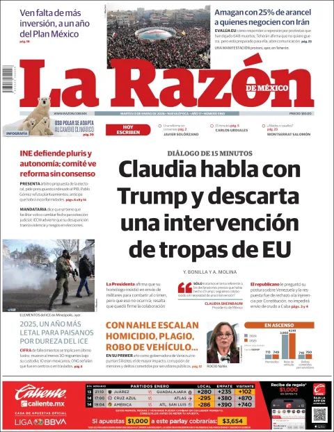 Portada de La Razon del martes, 13 de enero de 2026