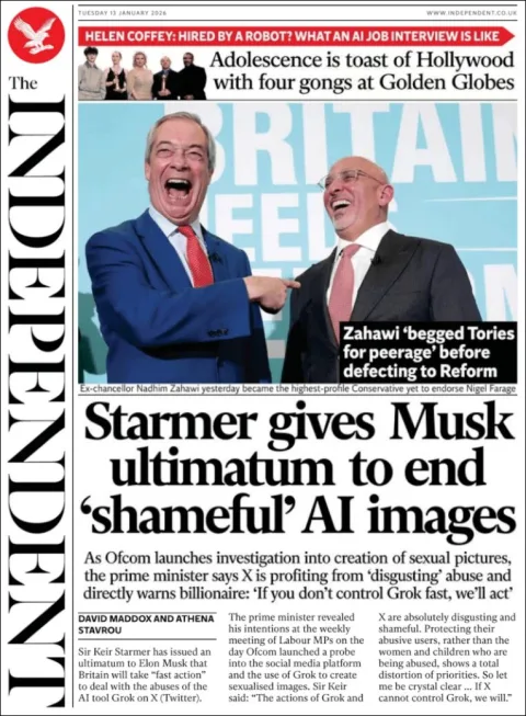 Portada de The Independent del martes, 13 de enero de 2026