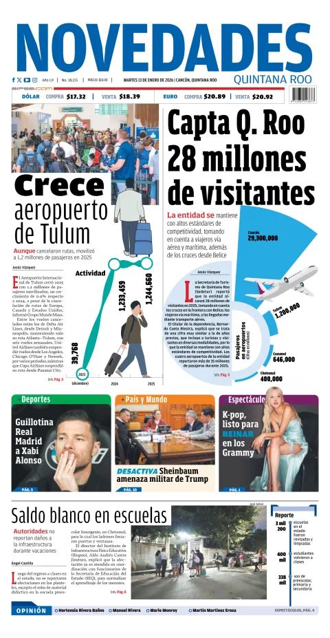 Portada de Novedades Quintana Roo del martes, 13 de enero de 2026