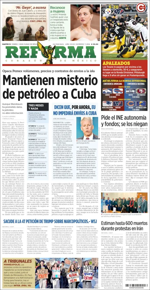Portada de Reforma del martes, 13 de enero de 2026