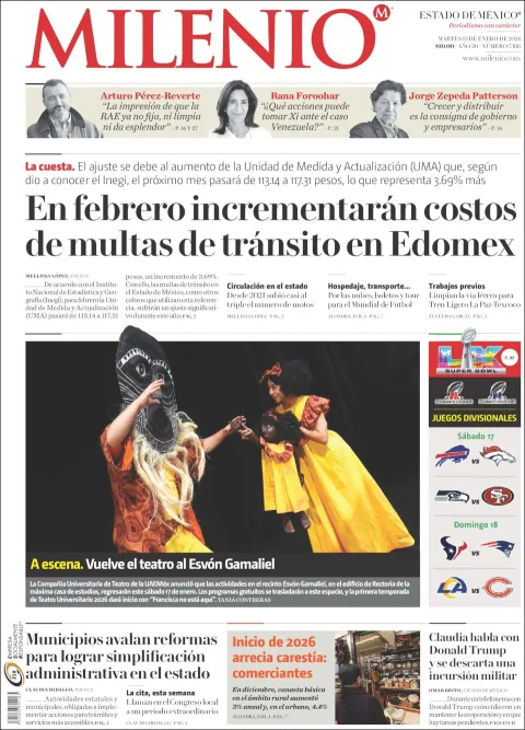 Portada de Milenio Edo de Mexico del martes, 13 de enero de 2026