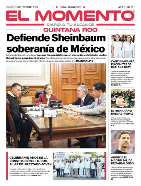Portada de El Momento Quintana Roo del martes, 13 de enero de 2026