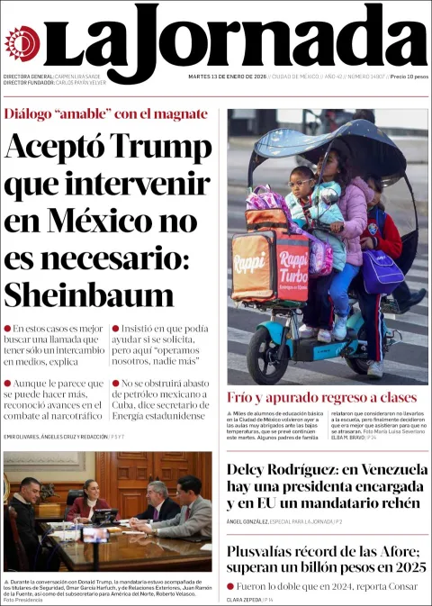 Portada de La Jornada del martes, 13 de enero de 2026
