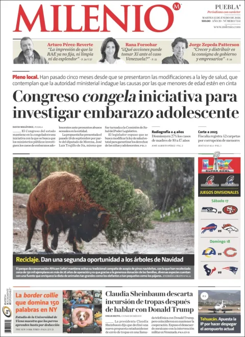 Portada de Milenio Puebla del martes, 13 de enero de 2026