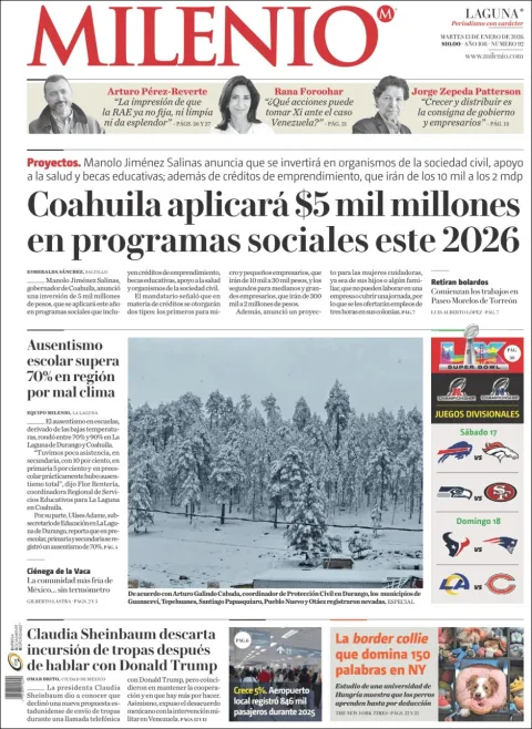 Portada de Milenio Laguna del martes, 13 de enero de 2026