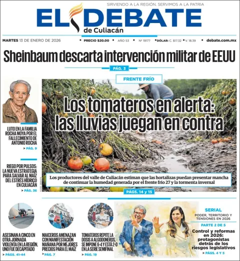 Portada de El Debate de Culiacan del martes, 13 de enero de 2026