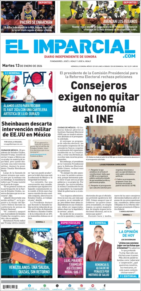 Portada de El Imparcial del martes, 13 de enero de 2026