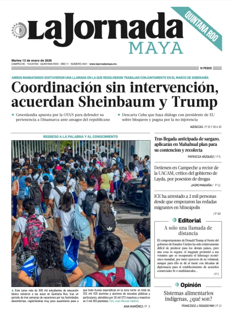 Portada de La Jornada Maya Quintana Roo del martes, 13 de enero de 2026
