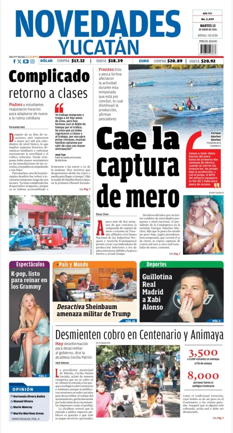 Portada de Novedades Yucatan del martes, 13 de enero de 2026