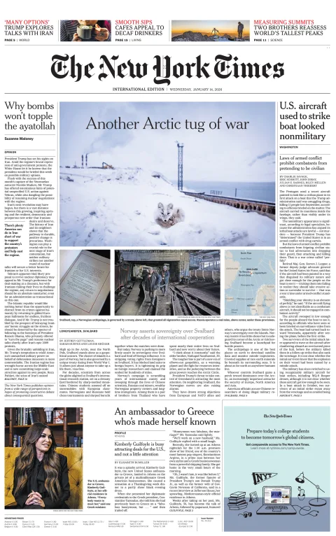 Portada de The New York Times (international) del miércoles, 14 de enero de 2026