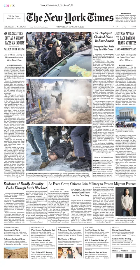 Portada de The New York Times (national) del miércoles, 14 de enero de 2026