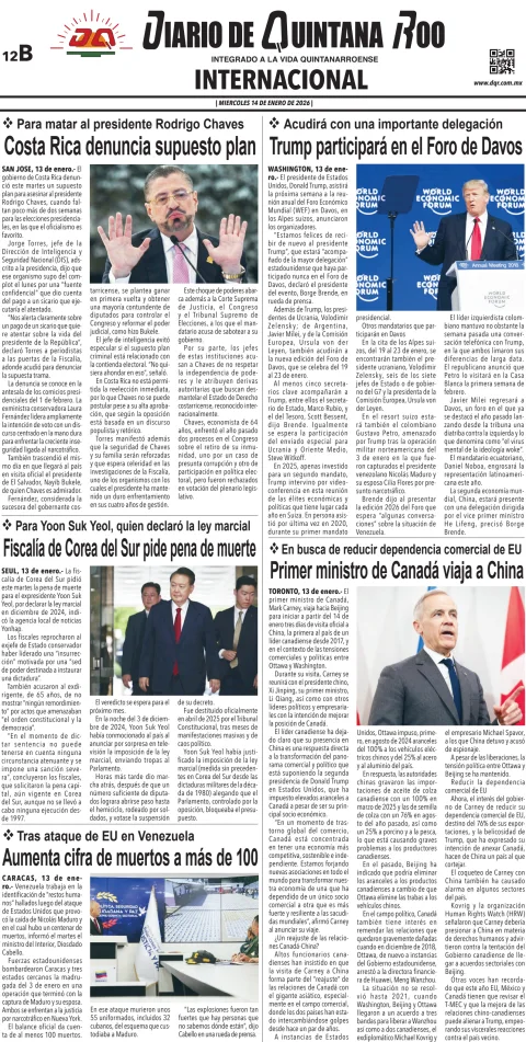 Portada de Diario de Quintana Roo (contra Portada) del miércoles, 14 de enero de 2026