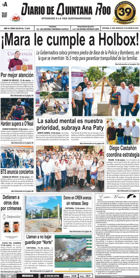 Portada de Diario de Quintana Roo (portada) del miércoles, 14 de enero de 2026