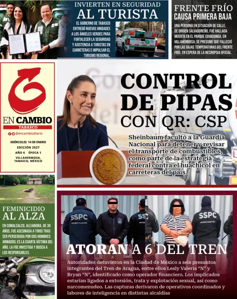 Portada de En Cambio - Tabasco (contraportada) del miércoles, 14 de enero de 2026