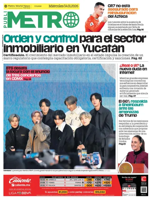 Portada de Publimetro Merida del miércoles, 14 de enero de 2026