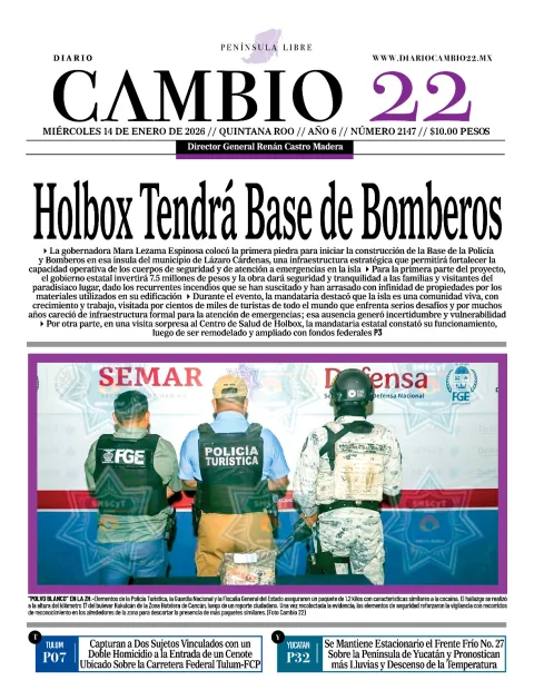 Portada de Diario Cambio 22 (portada) del miércoles, 14 de enero de 2026