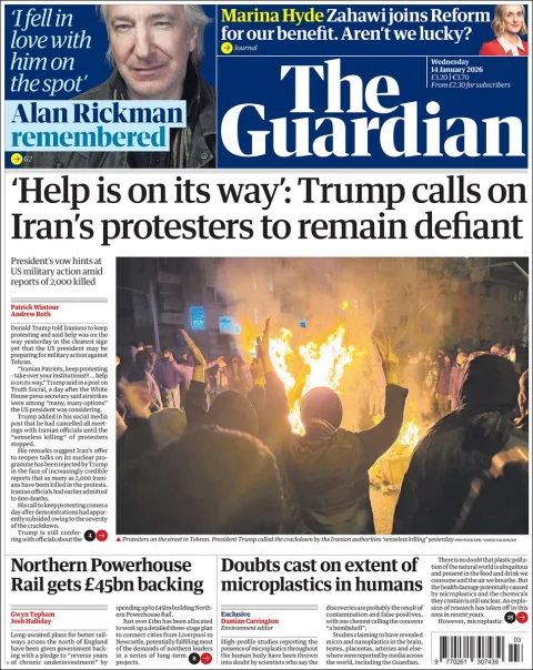 Portada de The Guardian (reino Unido) del miércoles, 14 de enero de 2026