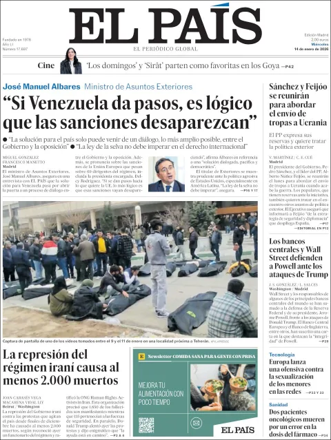 Portada de El Pais del miércoles, 14 de enero de 2026