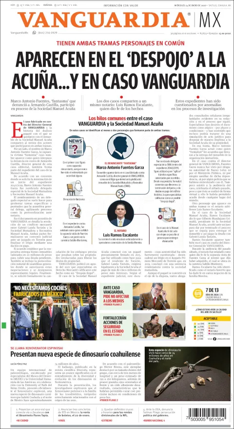 Portada de Vanguardia del miércoles, 14 de enero de 2026