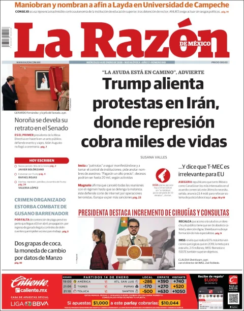 Portada de La Razon del miércoles, 14 de enero de 2026