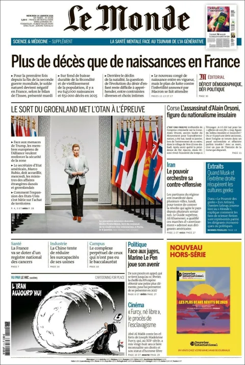 Portada de Le Monde del miércoles, 14 de enero de 2026